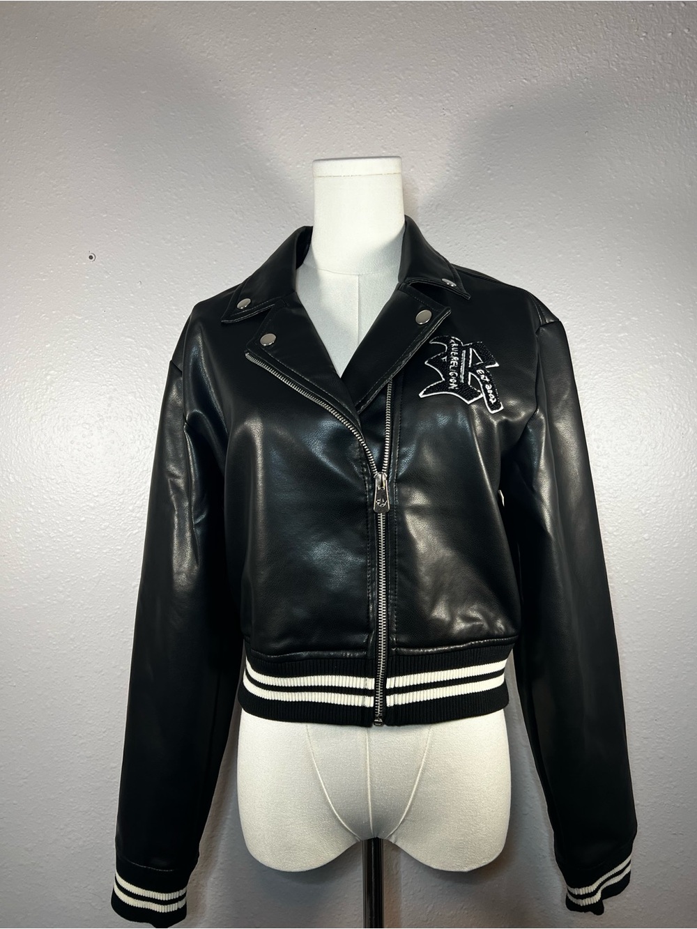 True Religion Black Cropped Faux Leather Moto Jacket with Star Patch